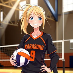 A cheerful blonde girl wearing the Karasuno High School volleyball uniform, which features the school’s black and orange colors, smiles brightly as she poses on the volleyball court