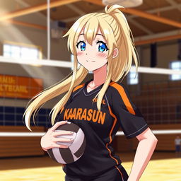 A cheerful blonde girl wearing the Karasuno High School volleyball uniform, which features the school’s black and orange colors, smiles brightly as she poses on the volleyball court