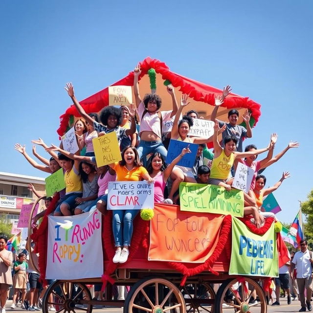 A vibrant scene depicting diverse people energetically jumping into a large bandwagon, each holding colorful banners with various slogans