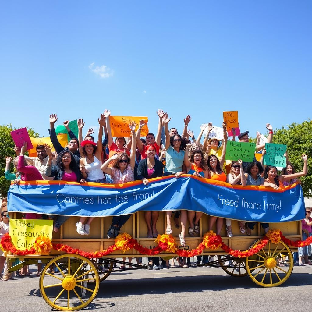 A vibrant scene depicting diverse people energetically jumping into a large bandwagon, each holding colorful banners with various slogans