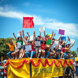 A vibrant scene depicting diverse people energetically jumping into a large bandwagon, each holding colorful banners with various slogans