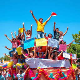 A vibrant scene depicting diverse people energetically jumping into a large bandwagon, each holding colorful banners with various slogans