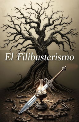 The title 'El Filibusterismo' written diagonally across the image in an elegant and bold font