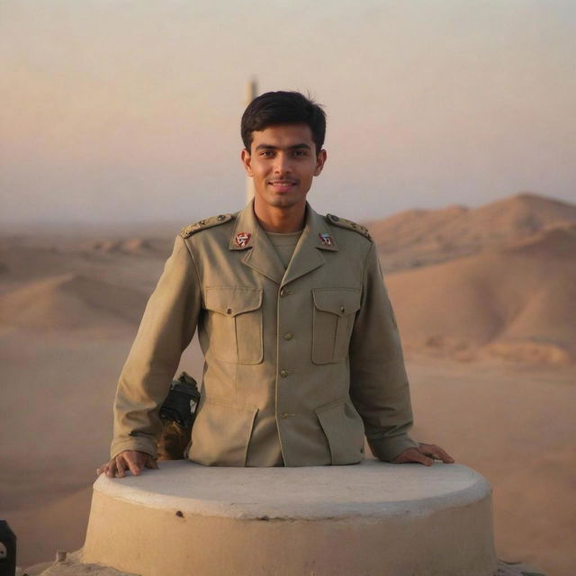 A young Pakistani cadet standing confidently at a military outpost, wearing a stylish light green uniform decorated with insignias