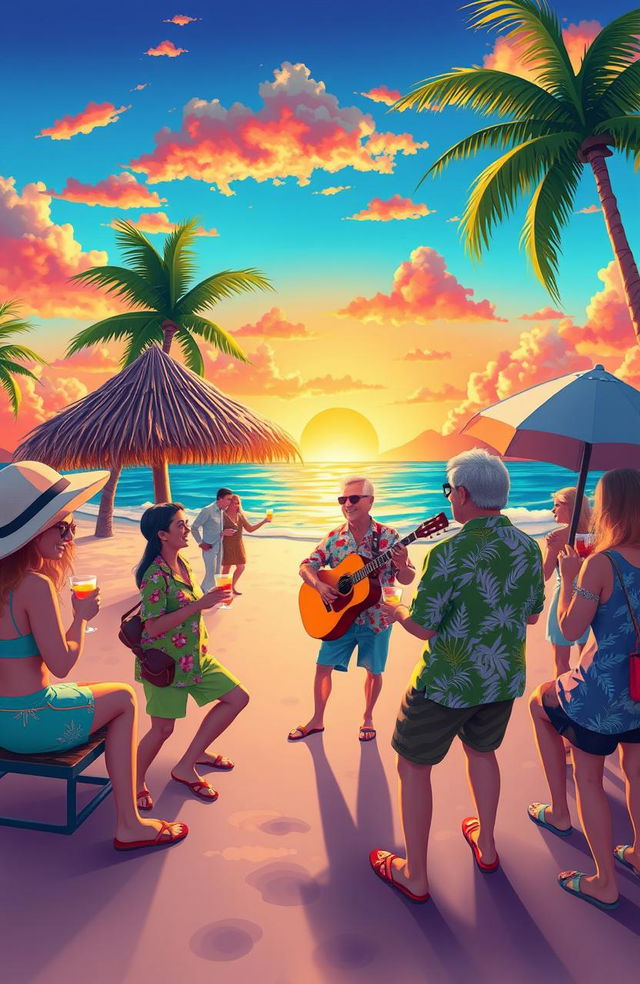 A whimsical, tropical scene depicting the essence of Jimmy Buffett's carefree lifestyle and music