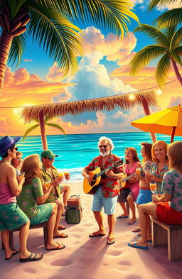 A whimsical, tropical scene depicting the essence of Jimmy Buffett's carefree lifestyle and music
