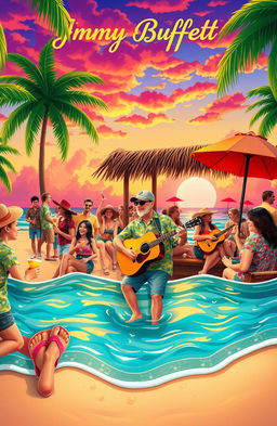 A whimsical, tropical scene depicting the essence of Jimmy Buffett's carefree lifestyle and music