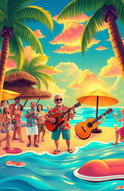 A whimsical, tropical scene depicting the essence of Jimmy Buffett's carefree lifestyle and music