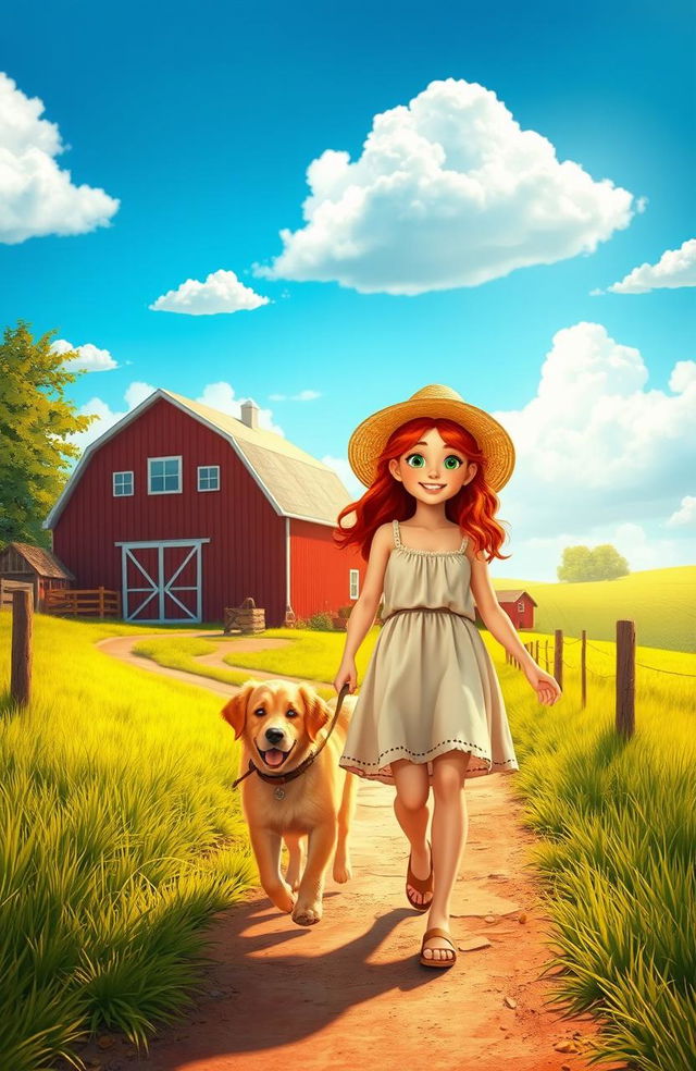 A vibrant scene of a red-haired girl leaving her cozy farm home with her loyal dog