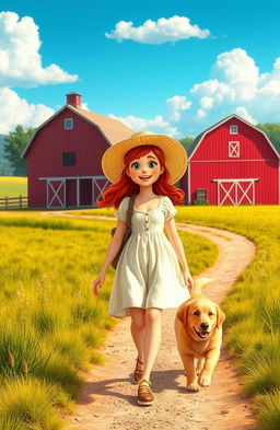 A vibrant scene of a red-haired girl leaving her cozy farm home with her loyal dog