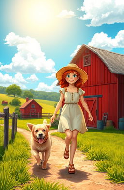 A vibrant scene of a red-haired girl leaving her cozy farm home with her loyal dog