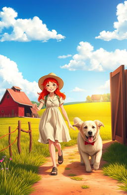 A vibrant scene of a red-haired girl leaving her cozy farm home with her loyal dog