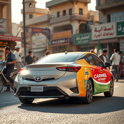 A vibrant scene featuring a sleek Toyota car coaster model parked on a bustling street in Baghdad, Iraq