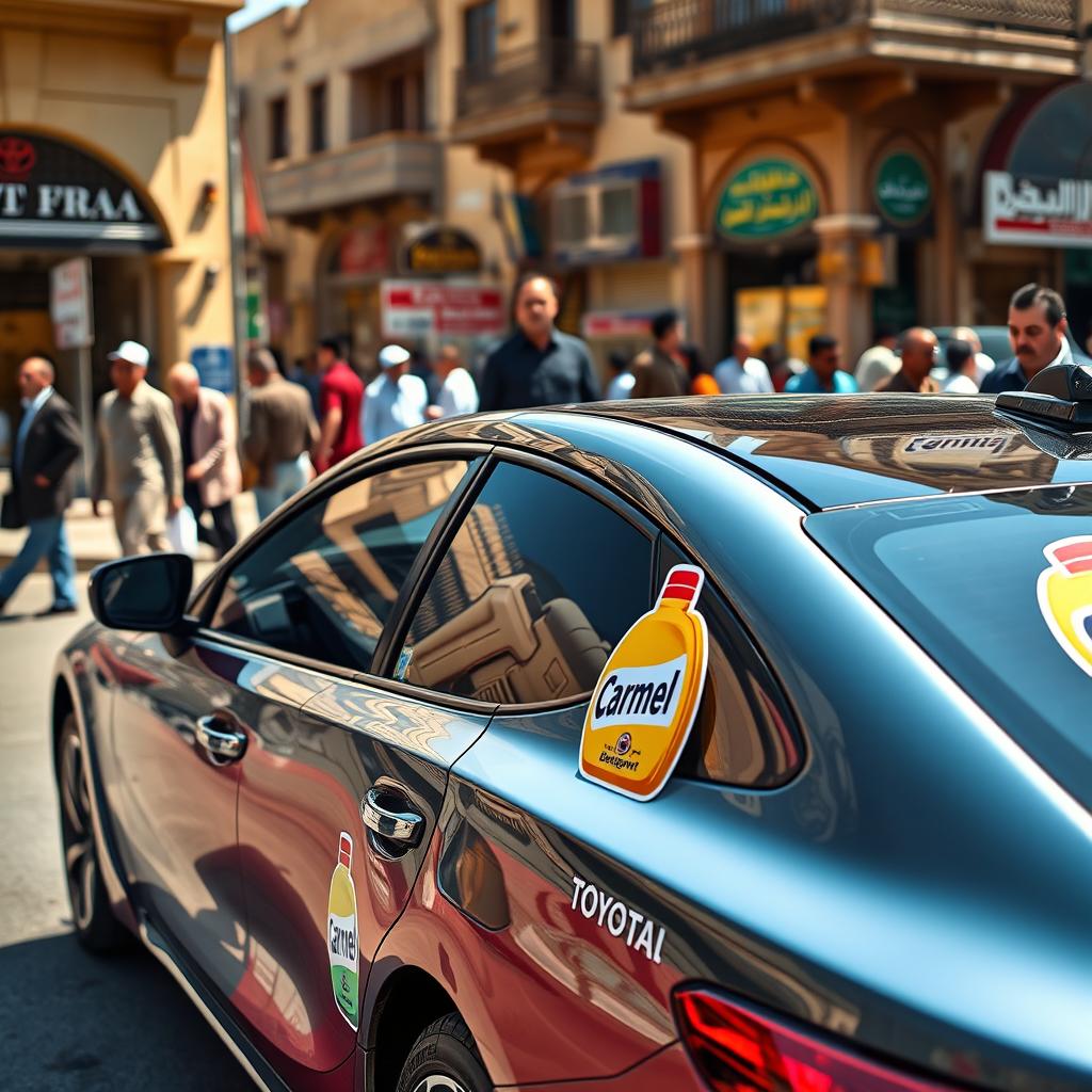 A vibrant scene featuring a sleek Toyota car coaster model parked on a bustling street in Baghdad, Iraq
