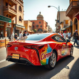 A vibrant scene featuring a sleek Toyota car coaster model parked on a bustling street in Baghdad, Iraq