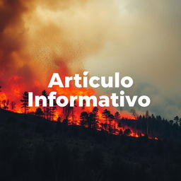 A dramatic depiction of forest wildfires raging through a vibrant landscape, with flames and smoke billowing into the sky, scattering ashes in the air