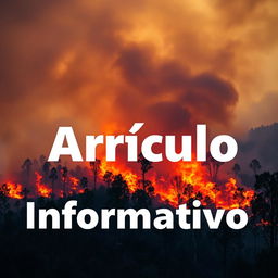 A dramatic depiction of forest wildfires raging through a vibrant landscape, with flames and smoke billowing into the sky, scattering ashes in the air