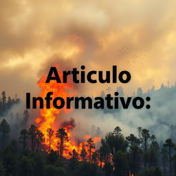 A dramatic depiction of forest wildfires raging through a vibrant landscape, with flames and smoke billowing into the sky, scattering ashes in the air