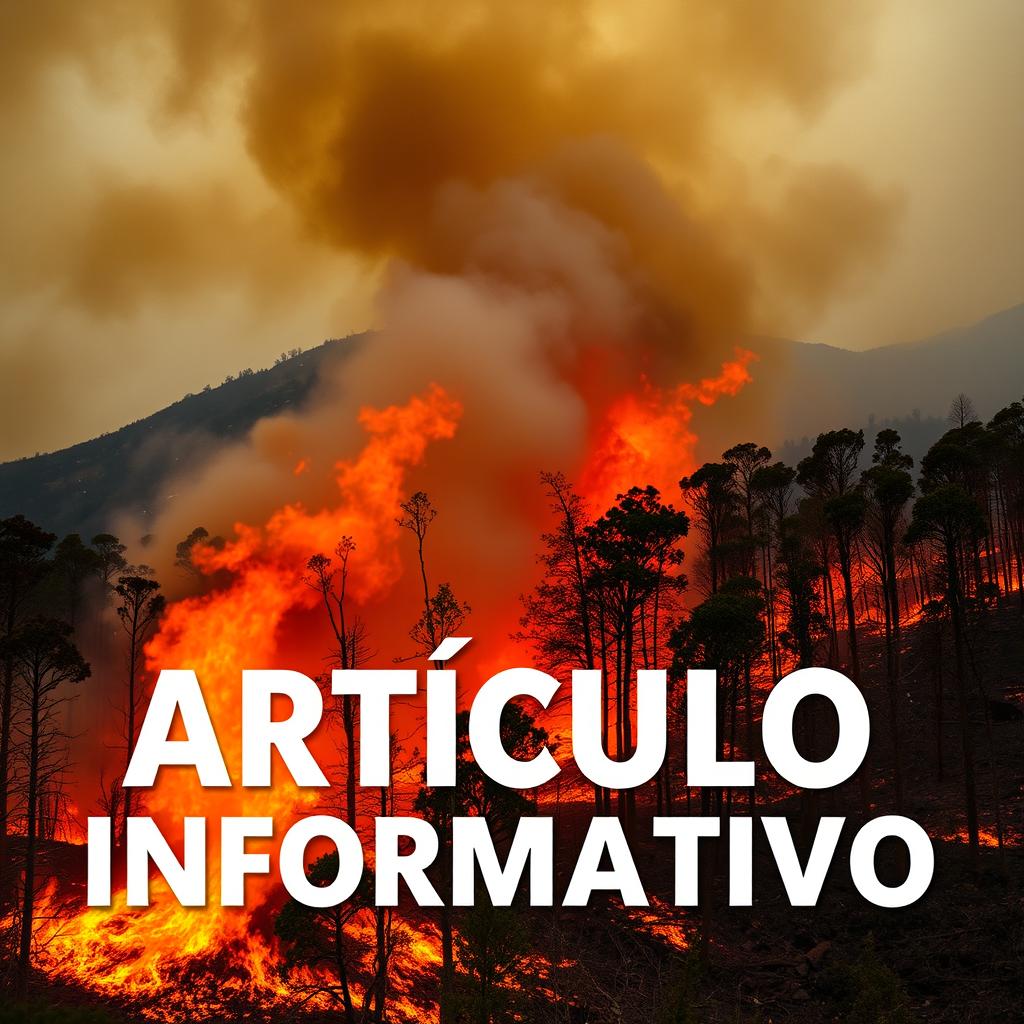 A dramatic depiction of forest wildfires raging through a vibrant landscape, with flames and smoke billowing into the sky, scattering ashes in the air