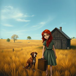 A melancholic scene depicting a sad red-haired girl standing in front of her rustic farm home, with a loyal dog by her side