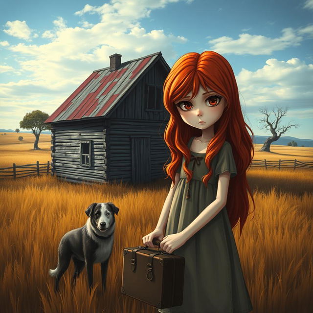 A melancholic scene depicting a sad red-haired girl standing in front of her rustic farm home, with a loyal dog by her side