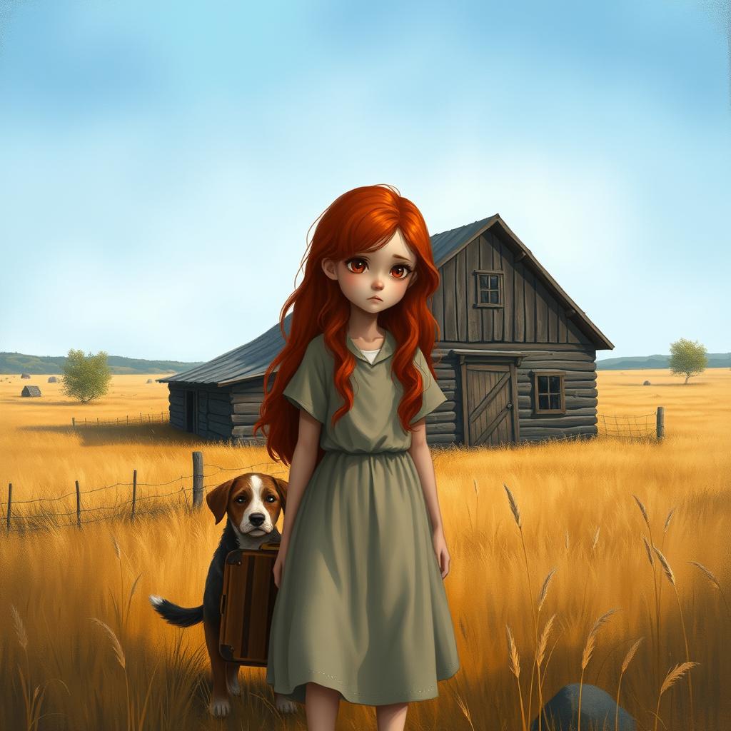 A melancholic scene depicting a sad red-haired girl standing in front of her rustic farm home, with a loyal dog by her side