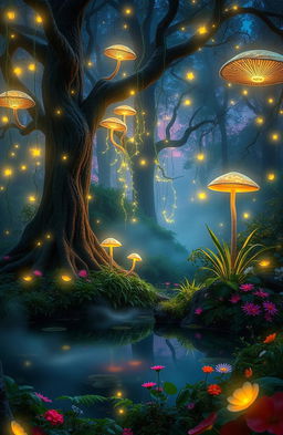 A mystical forest at twilight, illuminated by ethereal glowing mushrooms and shimmering fireflies, with delicate vines hanging from ancient trees