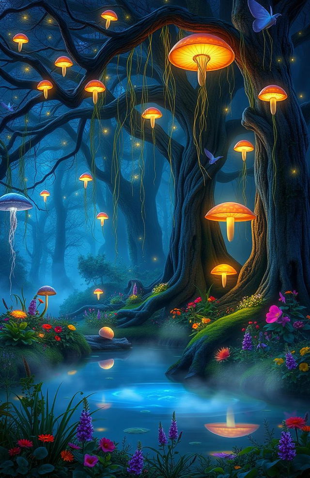 A mystical forest at twilight, illuminated by ethereal glowing mushrooms and shimmering fireflies, with delicate vines hanging from ancient trees