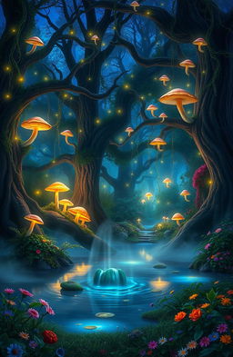 A mystical forest at twilight, illuminated by ethereal glowing mushrooms and shimmering fireflies, with delicate vines hanging from ancient trees