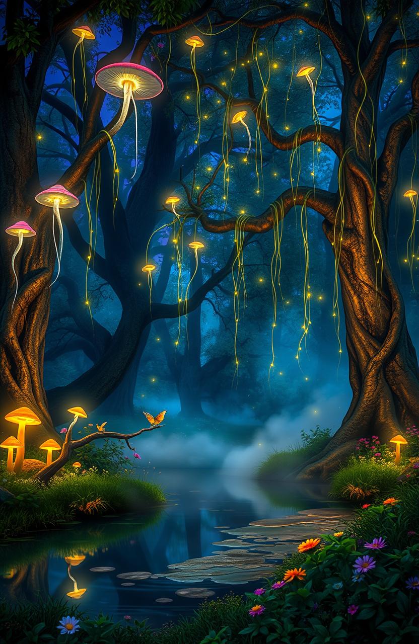 A mystical forest at twilight, illuminated by ethereal glowing mushrooms and shimmering fireflies, with delicate vines hanging from ancient trees