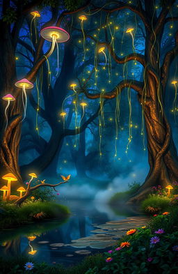 A mystical forest at twilight, illuminated by ethereal glowing mushrooms and shimmering fireflies, with delicate vines hanging from ancient trees