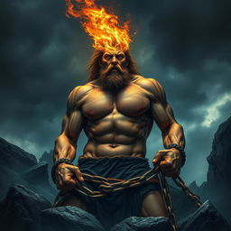 A dramatic and powerful depiction of Prometheus, the titan figure from Greek mythology, chained in a stark, rocky environment