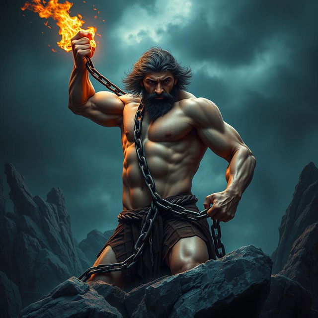 A dramatic and powerful depiction of Prometheus, the titan figure from Greek mythology, chained in a stark, rocky environment