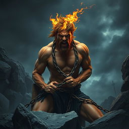 A dramatic and powerful depiction of Prometheus, the titan figure from Greek mythology, chained in a stark, rocky environment