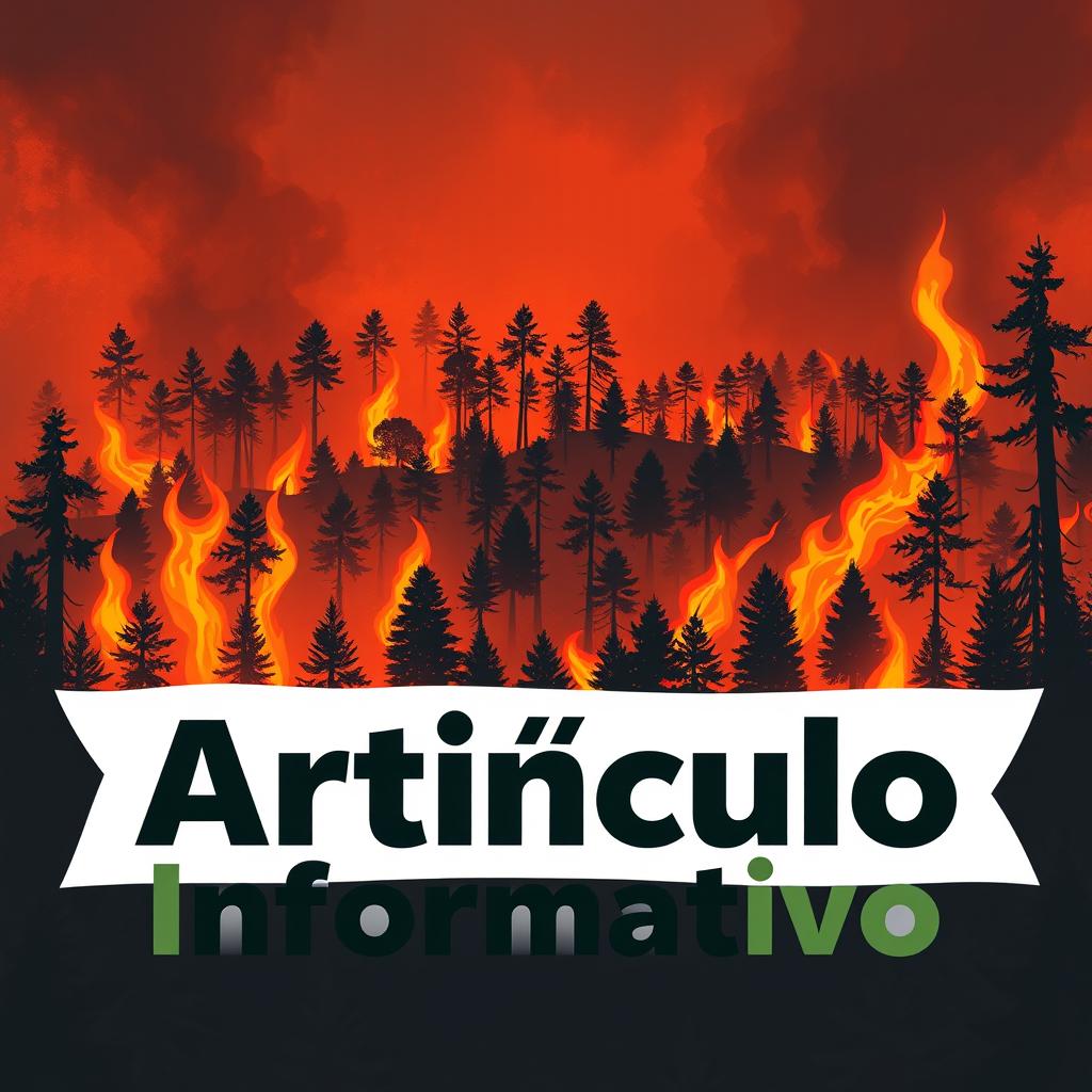 A striking illustration representing the theme of forest wildfires, showcasing dramatic flames consuming trees and forested areas