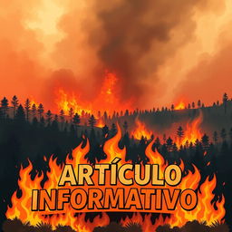 A striking illustration representing the theme of forest wildfires, showcasing dramatic flames consuming trees and forested areas