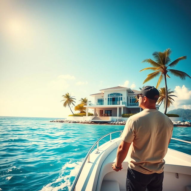 A man arriving at a beautiful tropical island on a fishing boat