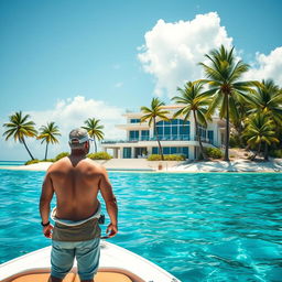 A man arriving at a beautiful tropical island on a fishing boat