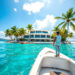 A man arriving at a beautiful tropical island on a fishing boat