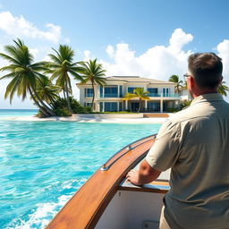 A man arriving at a beautiful tropical island on a fishing boat