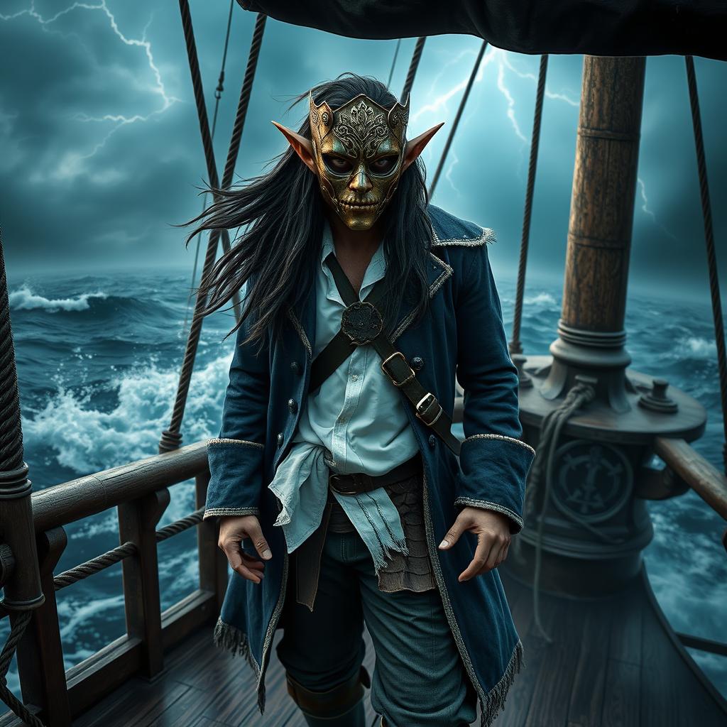 A male elf pirate with a full masked face, confidently standing on the deck of an ancient pirate ship amidst a dramatic ocean backdrop