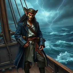 A male elf pirate with a full masked face, confidently standing on the deck of an ancient pirate ship amidst a dramatic ocean backdrop