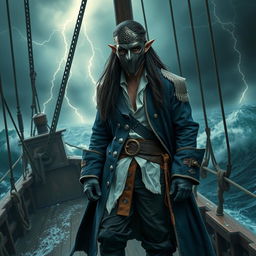 A male elf pirate with a full masked face, confidently standing on the deck of an ancient pirate ship amidst a dramatic ocean backdrop