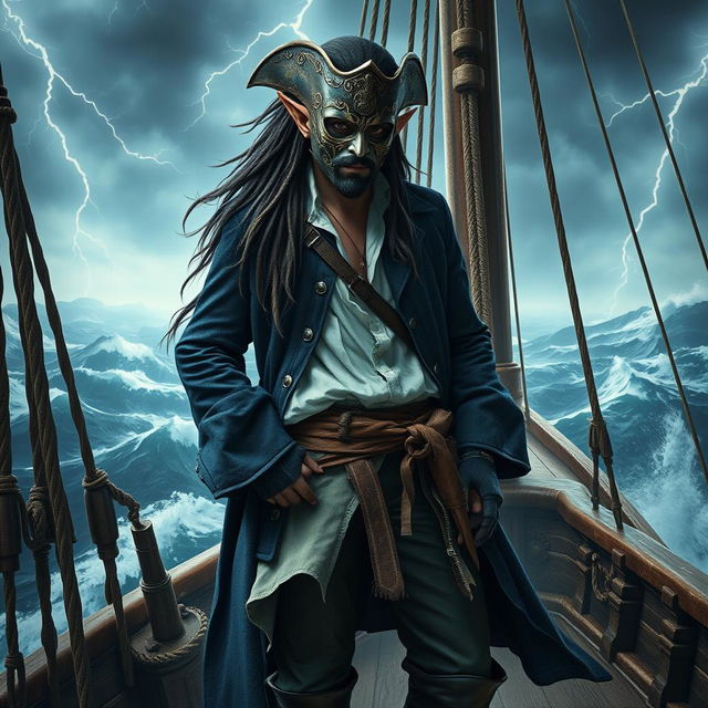 A male elf pirate with a full masked face, confidently standing on the deck of an ancient pirate ship amidst a dramatic ocean backdrop