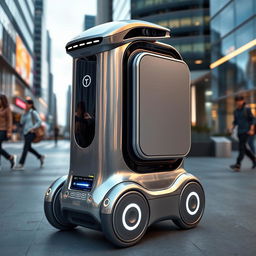 A sleek futuristic food delivery robot, equipped with a shiny metallic exterior and a square box compartment on its side designed for safely transporting food to the outside