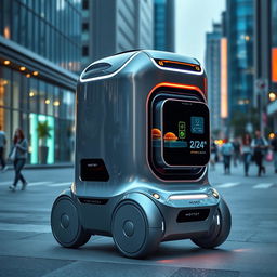 A sleek futuristic food delivery robot, equipped with a shiny metallic exterior and a square box compartment on its side designed for safely transporting food to the outside