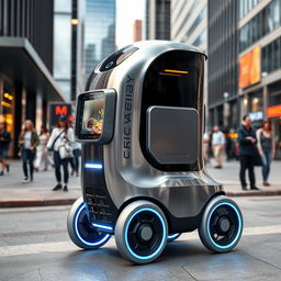 A sleek futuristic food delivery robot, equipped with a shiny metallic exterior and a square box compartment on its side designed for safely transporting food to the outside