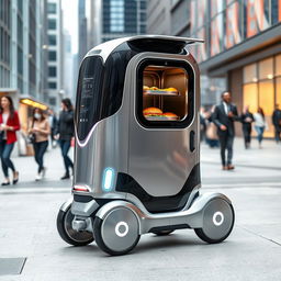 A sleek futuristic food delivery robot, equipped with a shiny metallic exterior and a square box compartment on its side designed for safely transporting food to the outside