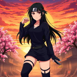 A female version of Sasuke Uchiha from the anime Naruto, featuring long black hair styled in a sleek and modern way