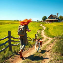 A brave redhead woman embarking on an adventurous journey alongside her loyal dog, as they leave a picturesque farm behind
